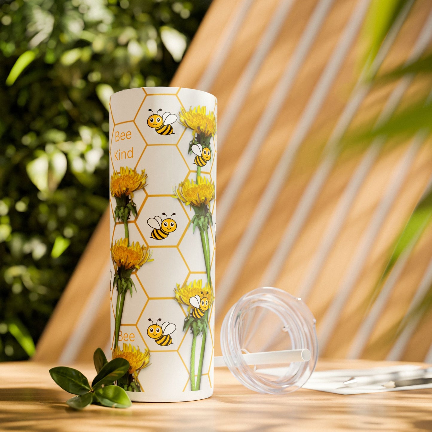Skinny Tumbler Bee Kind Gift for Apiarist Hot or Cold Water Bottle For Beekeeper Dandelion Flower Travel Mug Garden Lover  with Straw, 20oz