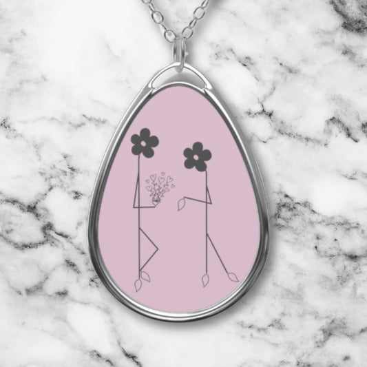 Pendant Hearts Bouquet Necklace w Chain Light Pink n Gray Valentine Gift for Her Daisy Lover Ellipse Shape Zinc Alloy Garden Lover Charm